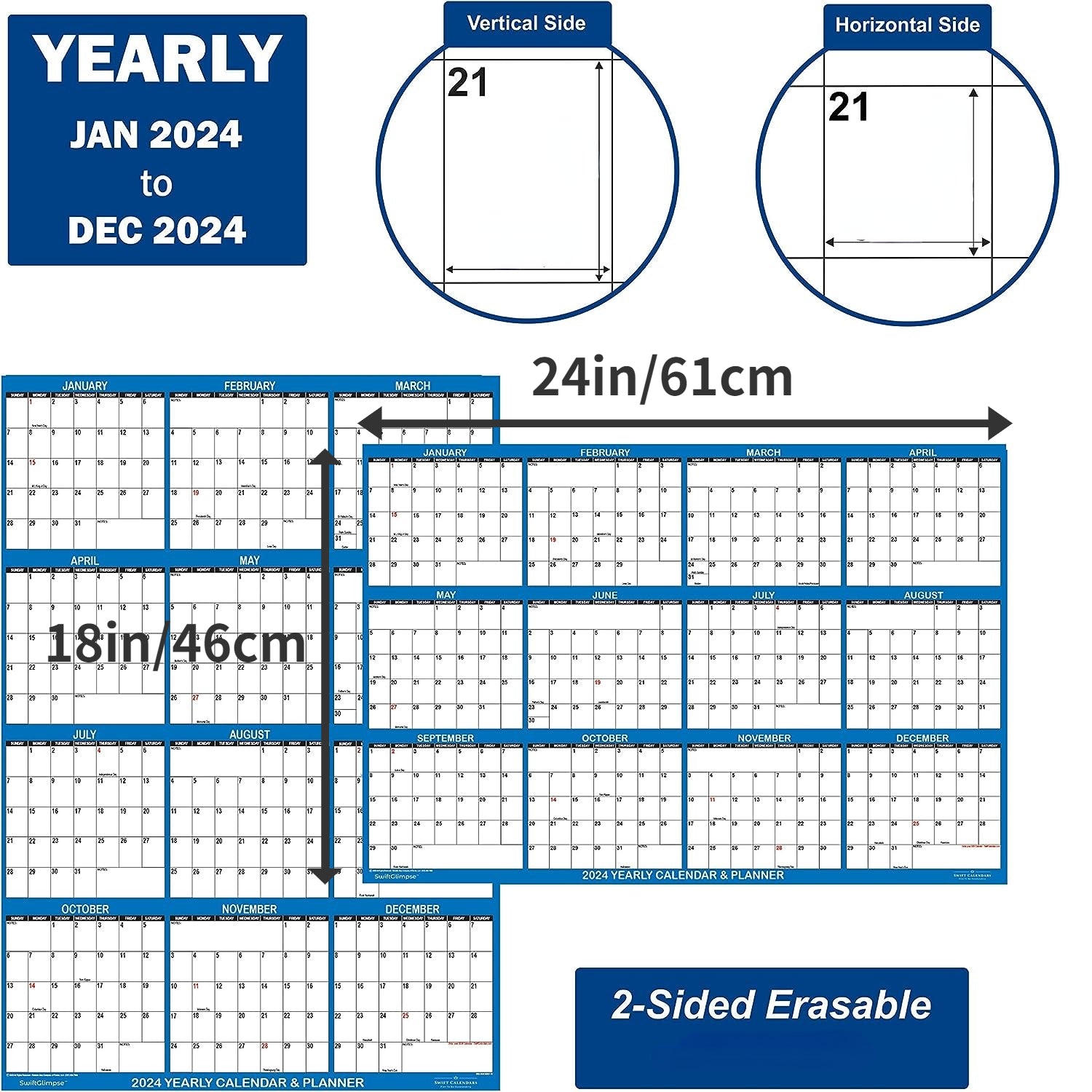 2pcs Dry Erase Wall Calendar 12 Month Annual Yearly Planner Reversible Navy