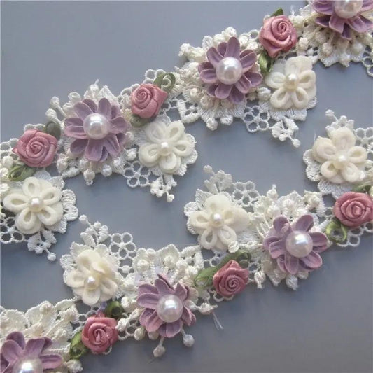 Faux Pearl Rose Flower Lace Trim Ribbon - DIY Sewing Crafts Bags Clothes Costume