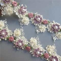 Faux Pearl Rose Flower Lace Trim Ribbon - DIY Sewing Crafts Bags Clothes Costume