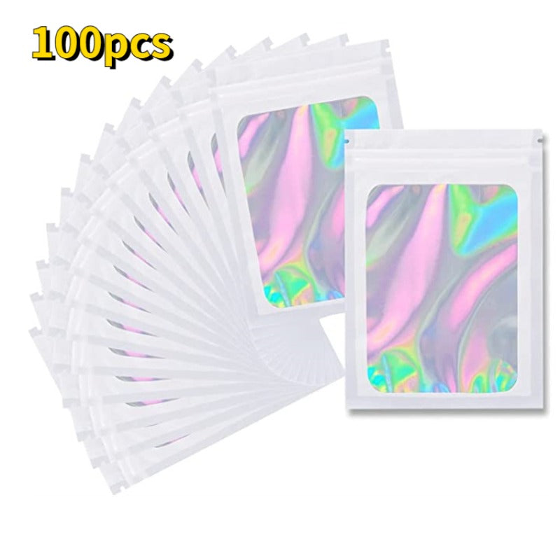 100pcs Holographic Packaging Bag Anti Odor Laser Self Sealing Bag