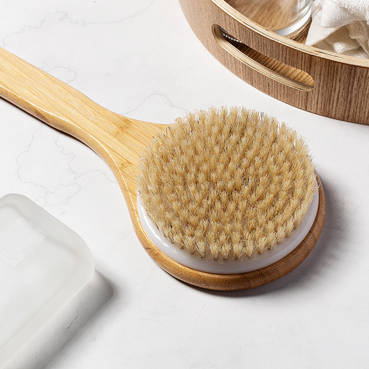 Soft Mesh Back Cleaner Washer Bath Sponge Shower Brush with Long Bamboo Handle