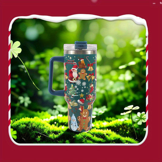 40oz Christmas Pattern Stainless Steel Water Bottle with Handle & Straw Lid