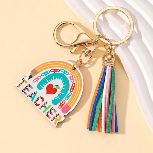 Rainbow Wooden Tag Tassel Keychain Bag Backpack Car Key Pendant Gift