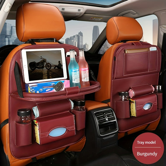 PU Leather Car Storage Bag with Table Tray - Snack and Toy Organizer