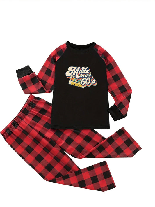  '60s' Letter & Plaid Print Pajama Set
