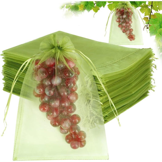 50pcs Fruit Protection Bags 20x30cm Green Netting Cover Bags Drawstring Mesh Fru