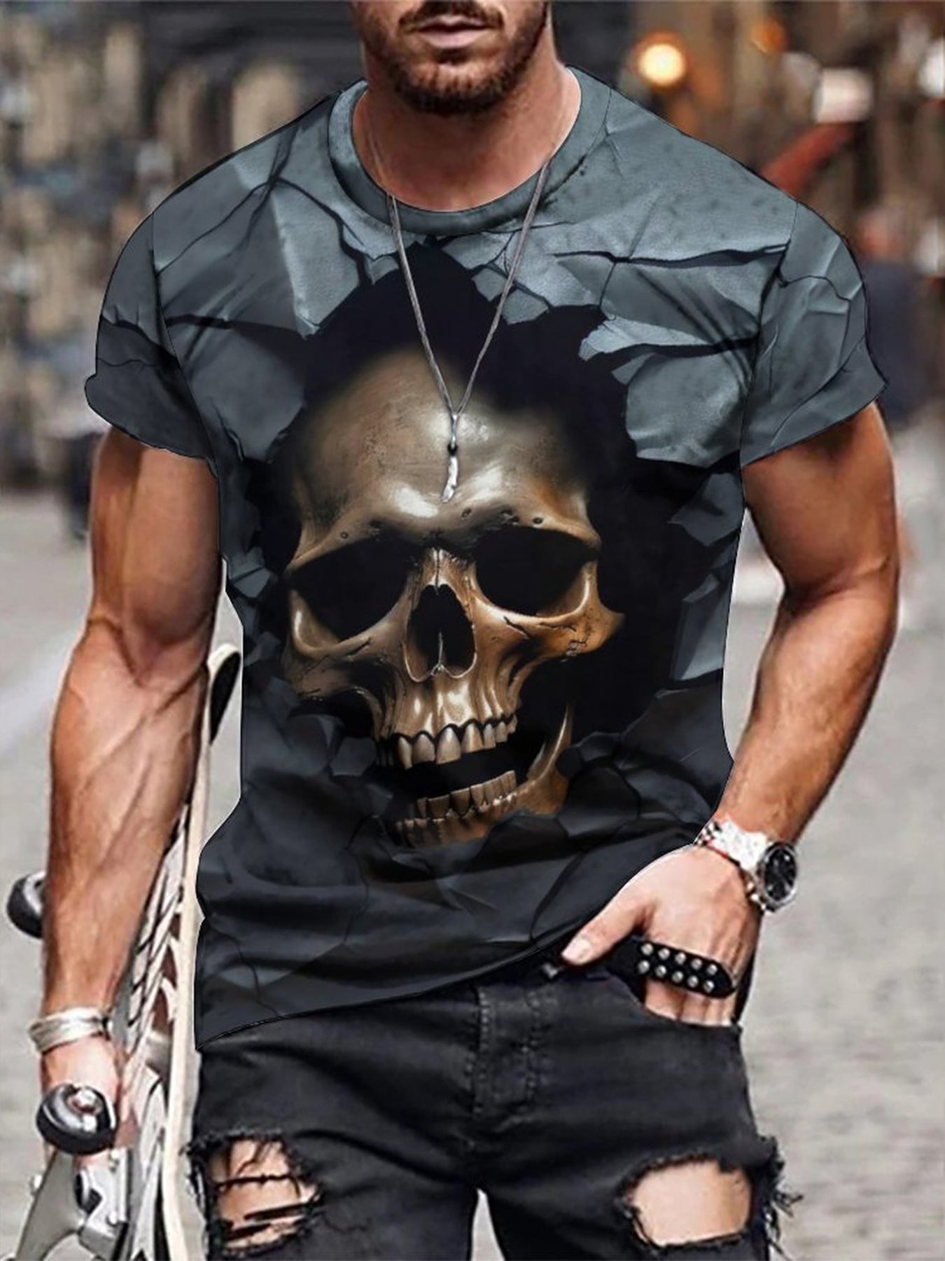 Skull 3D Print Men's Graphic Tee Short Sleeve Pullover Top