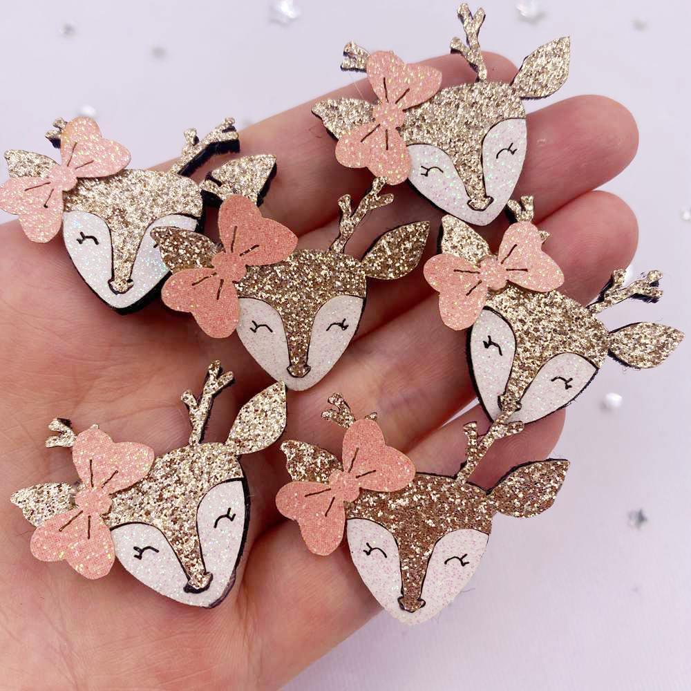 6pcs Glitter Cartoon Deer Patchs Appliques DIY Hair Bow Crafts Supplies