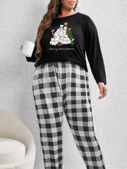  Cats & Christmas Tree Pajama Set Long Sleeve Tee & Plaid Pants