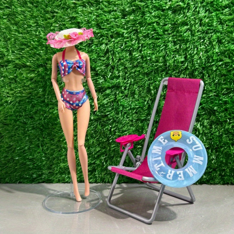 Dollhouse Beach Set with Chair, Ring, Hat, Swimsuit & Decor