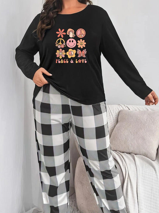  Floral Print Tee & Plaid Pants Lounge Set