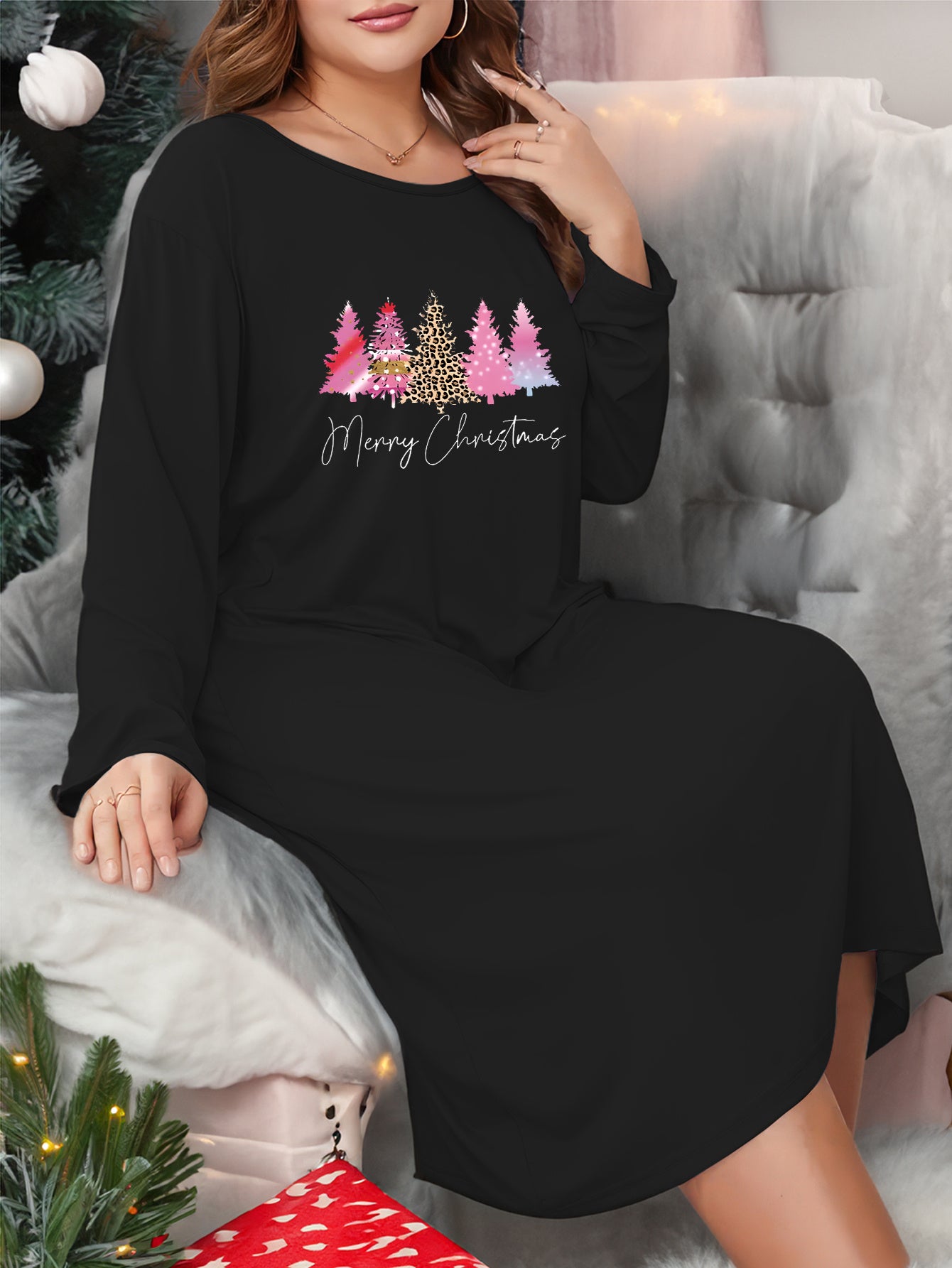  Xmas Tree Print Long Sleeve Night Dress