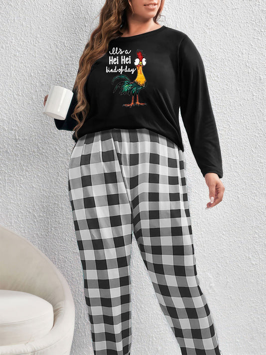  Chicken Print Loungewear Set: Tee & Plaid Pants Pajama