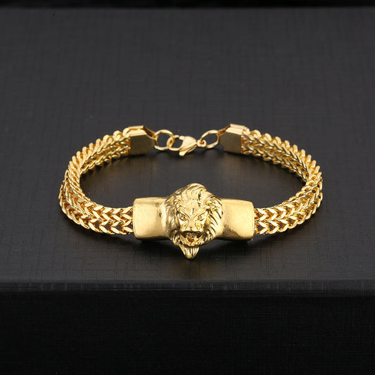 Lion Stainless Steel Bracelet Golden Plated Link Chain Punk Rock Biker Jewelry