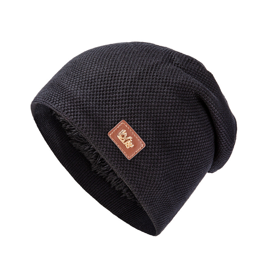 Men's Warm Leather Label Knitted Hat Double Layer Plus Velvet Ear Protection