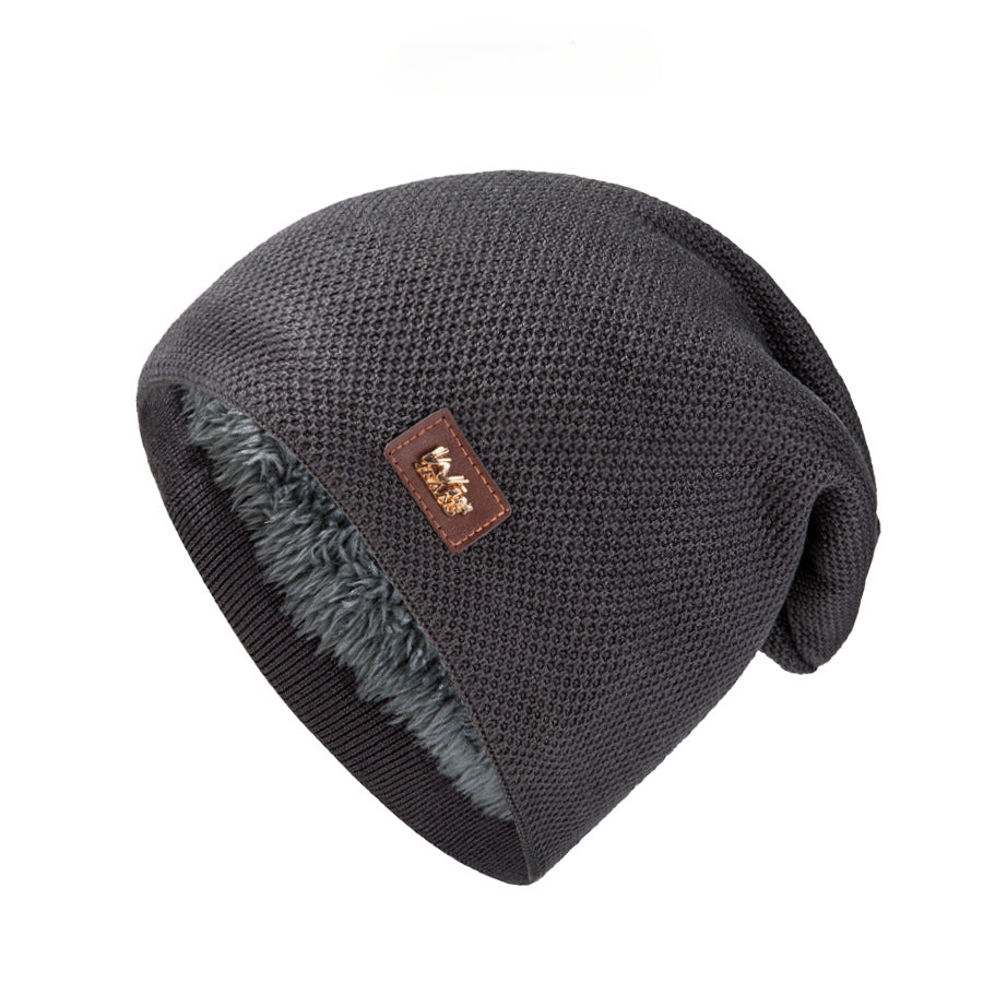 Men's Warm Leather Label Knitted Hat Double Layer Plus Velvet Ear Protection