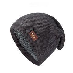 Men's Warm Leather Label Knitted Hat Double Layer Plus Velvet Ear Protection