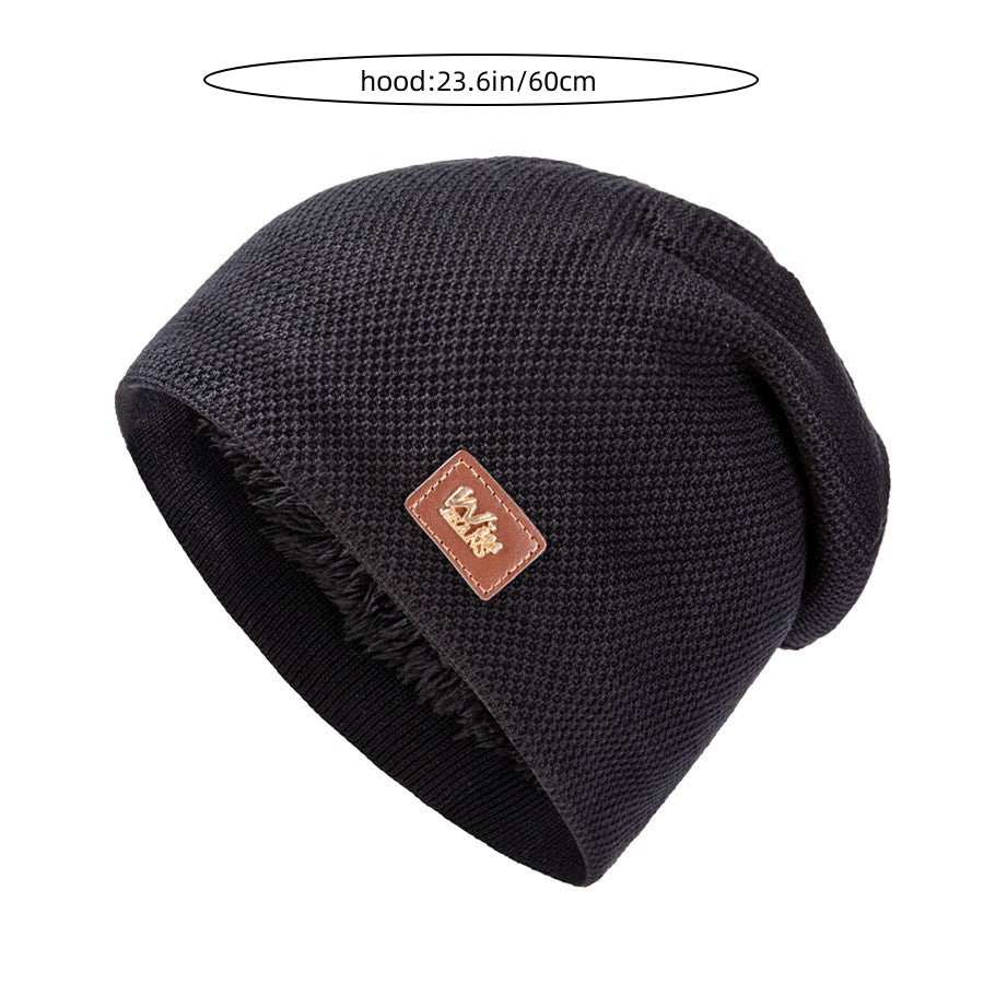 Men's Warm Leather Label Knitted Hat Double Layer Plus Velvet Ear Protection