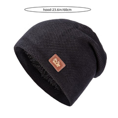 Men's Warm Leather Label Knitted Hat Double Layer Plus Velvet Ear Protection