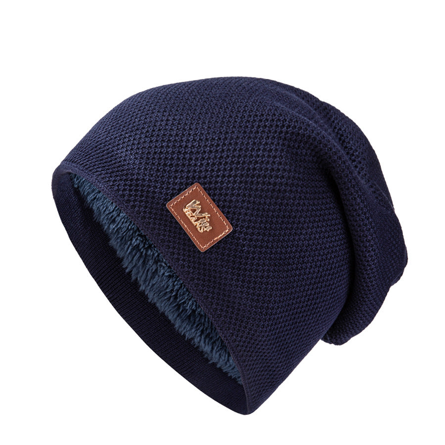 Men's Warm Leather Label Knitted Hat Double Layer Plus Velvet Ear Protection
