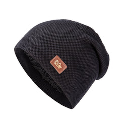 Men's Warm Leather Label Knitted Hat Double Layer Plus Velvet Ear Protection