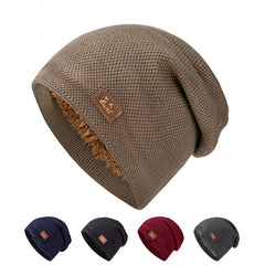 Men's Warm Leather Label Knitted Hat Double Layer Plus Velvet Ear Protection