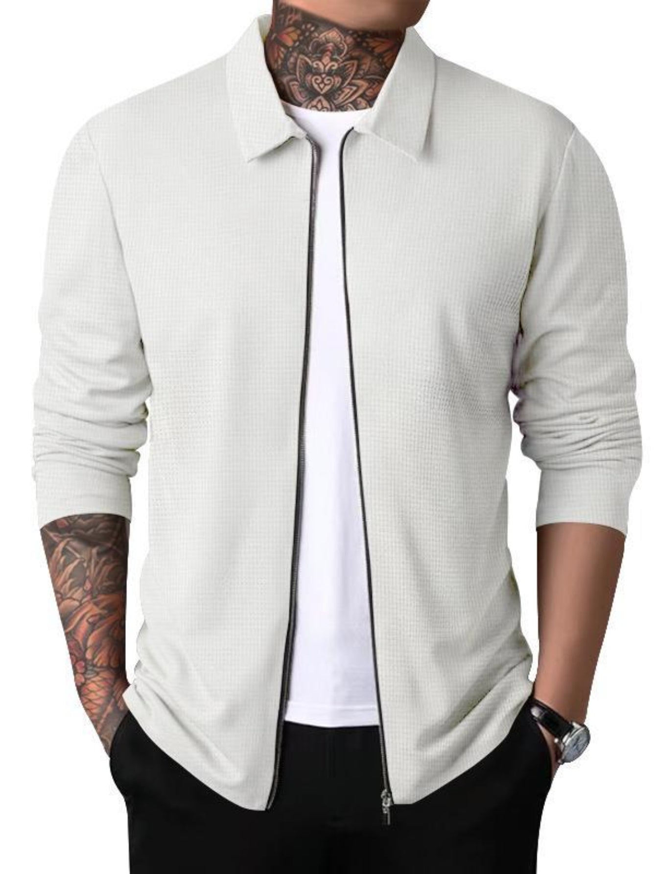 Men's Lapel Solid Zip Up Casual Jacket for Autumn