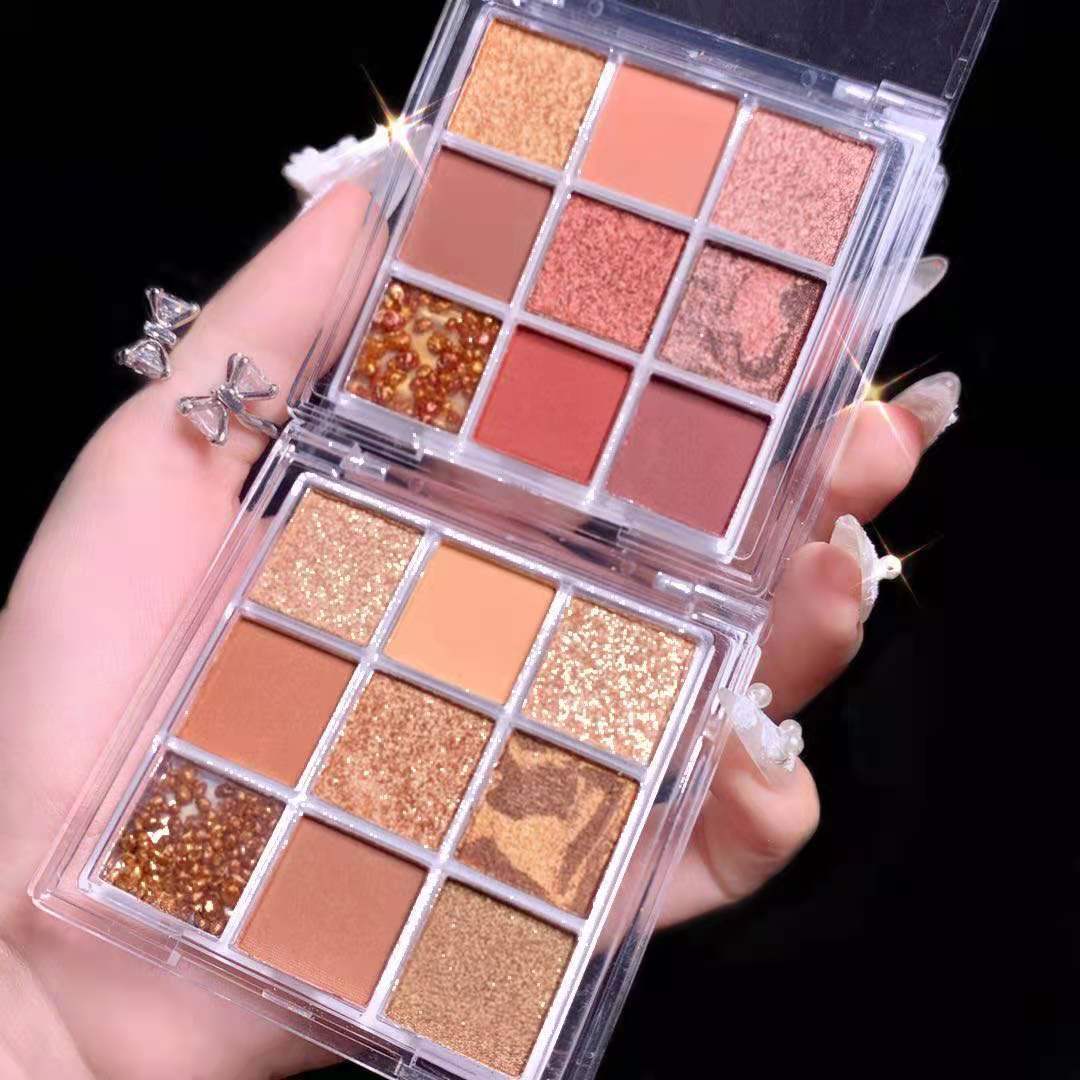9-Color Eyeshadow Palette Pink Orange Brown Tone Matte Glitter Finish