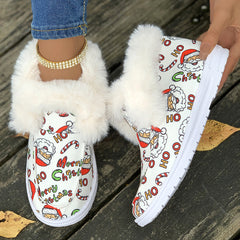 Santa Print Plush Lined Furry Snow Boots