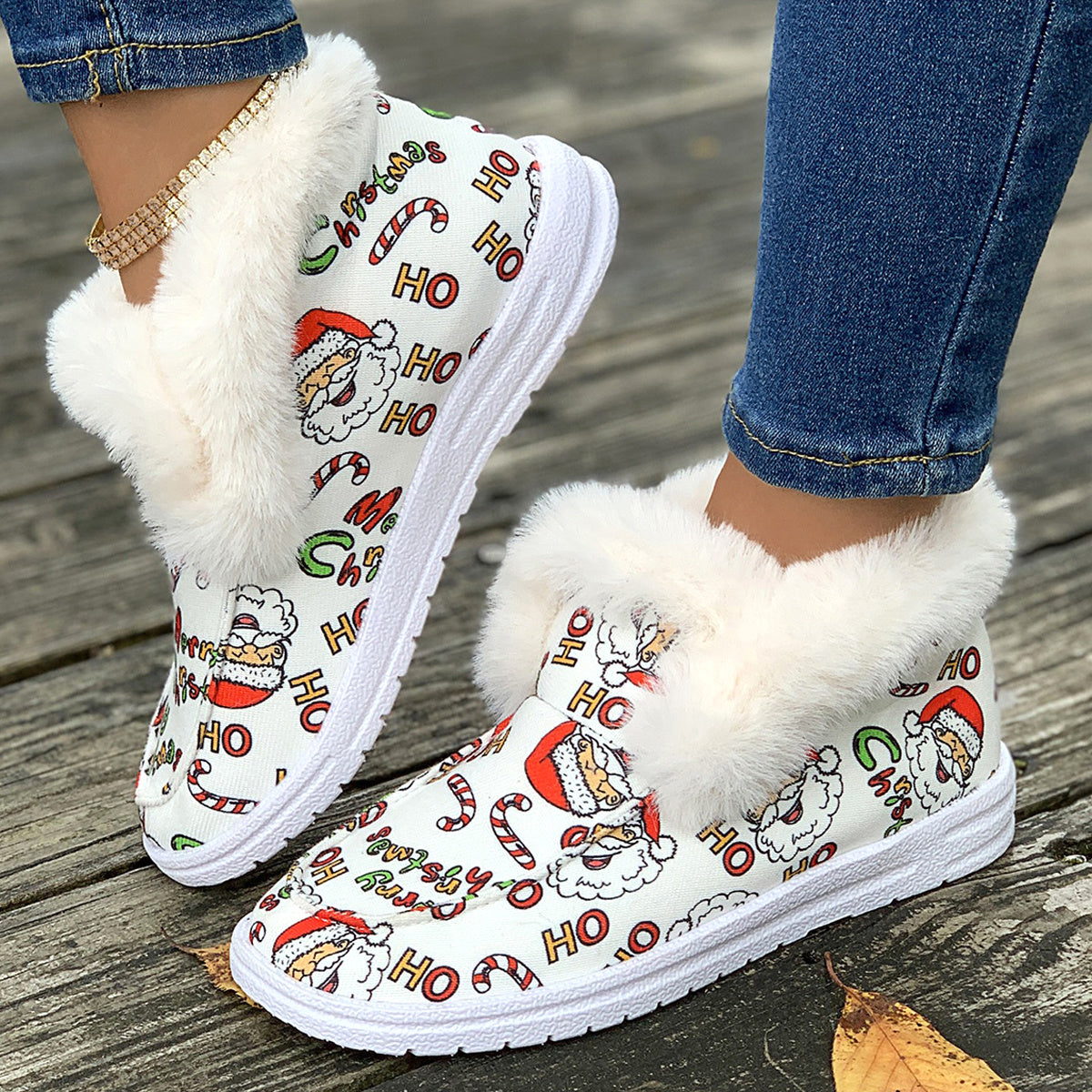 Santa Print Plush Lined Furry Snow Boots