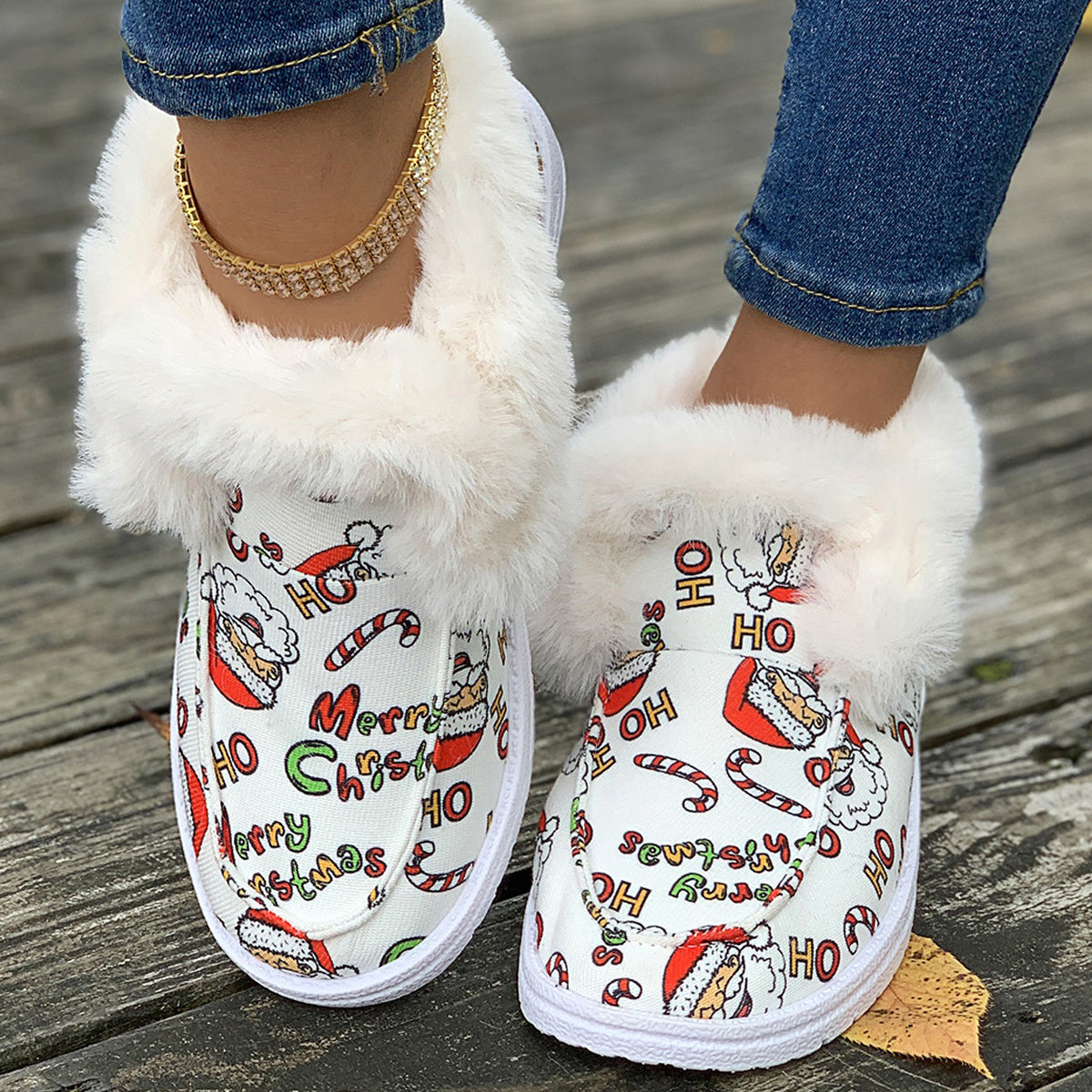 Santa Print Plush Lined Furry Snow Boots