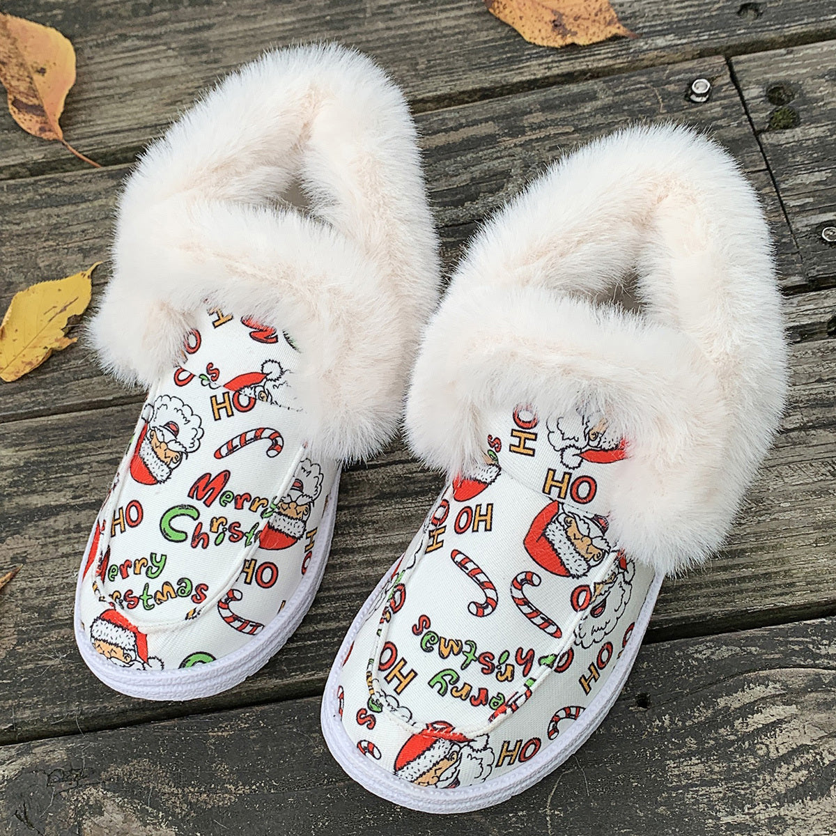 Santa Print Plush Lined Furry Snow Boots