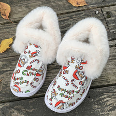 Santa Print Plush Lined Furry Snow Boots