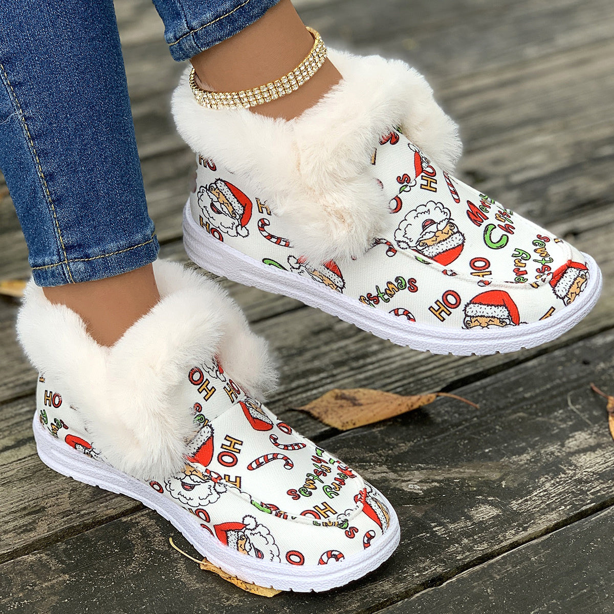 Santa Print Plush Lined Furry Snow Boots