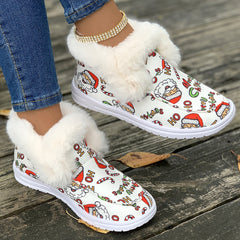 Santa Print Plush Lined Furry Snow Boots