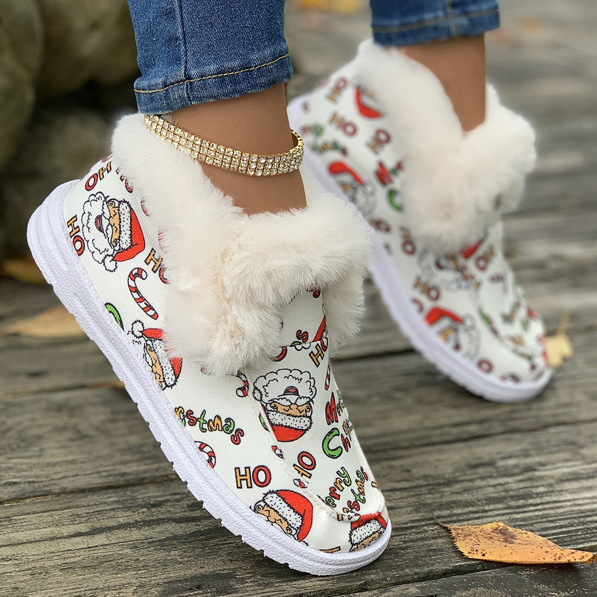 Santa Print Plush Lined Furry Snow Boots