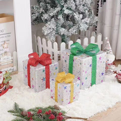 3pcs Christmas Luminous Gift Boxes LED Lights Red Bows Decoration Ornaments