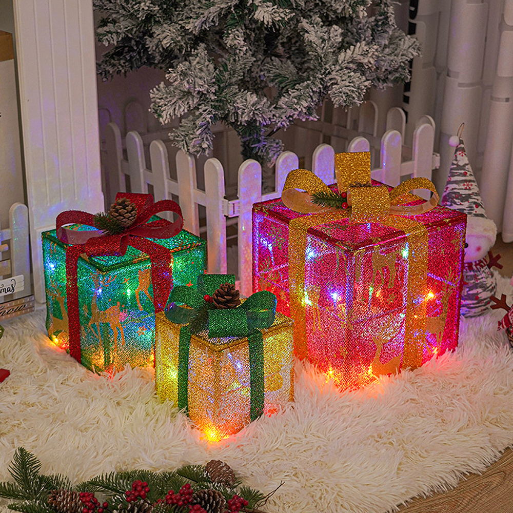 3pcs Christmas Luminous Gift Boxes LED Lights Red Bows Decoration Ornaments