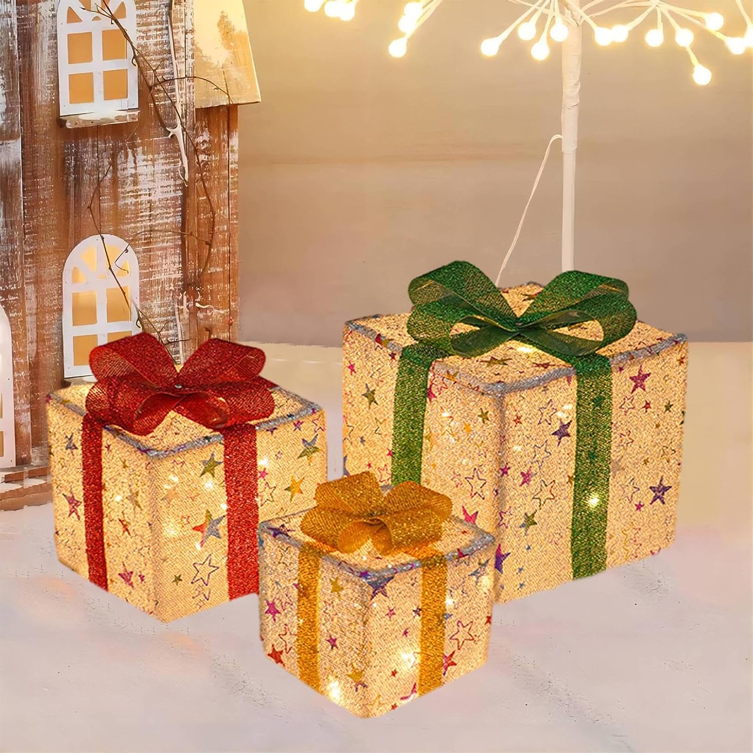 3pcs Christmas Luminous Gift Boxes LED Lights Red Bows Decoration Ornaments