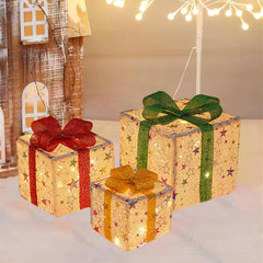 3pcs Christmas Luminous Gift Boxes LED Lights Red Bows Decoration Ornaments