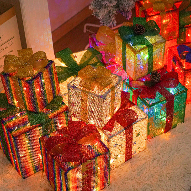 3pcs Christmas Luminous Gift Boxes LED Lights Red Bows Decoration Ornaments