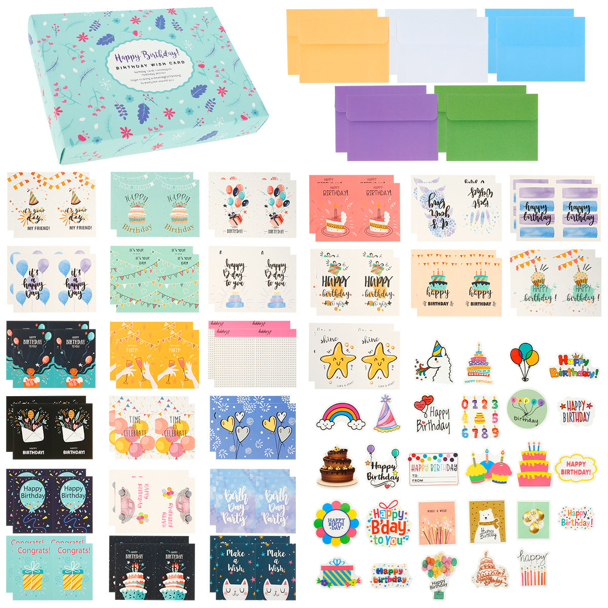 50pcs Happy Birthday Cards Set With 10 Envelopes & Stickers