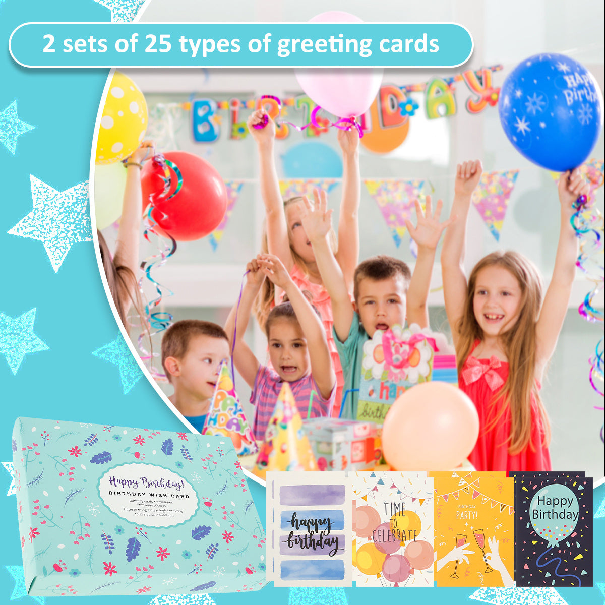 50pcs Happy Birthday Cards Set With 10 Envelopes & Stickers