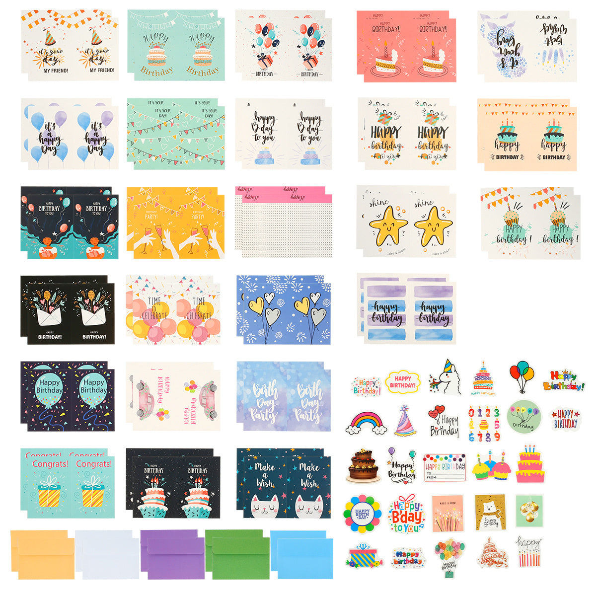 50pcs Happy Birthday Cards Set With 10 Envelopes & Stickers