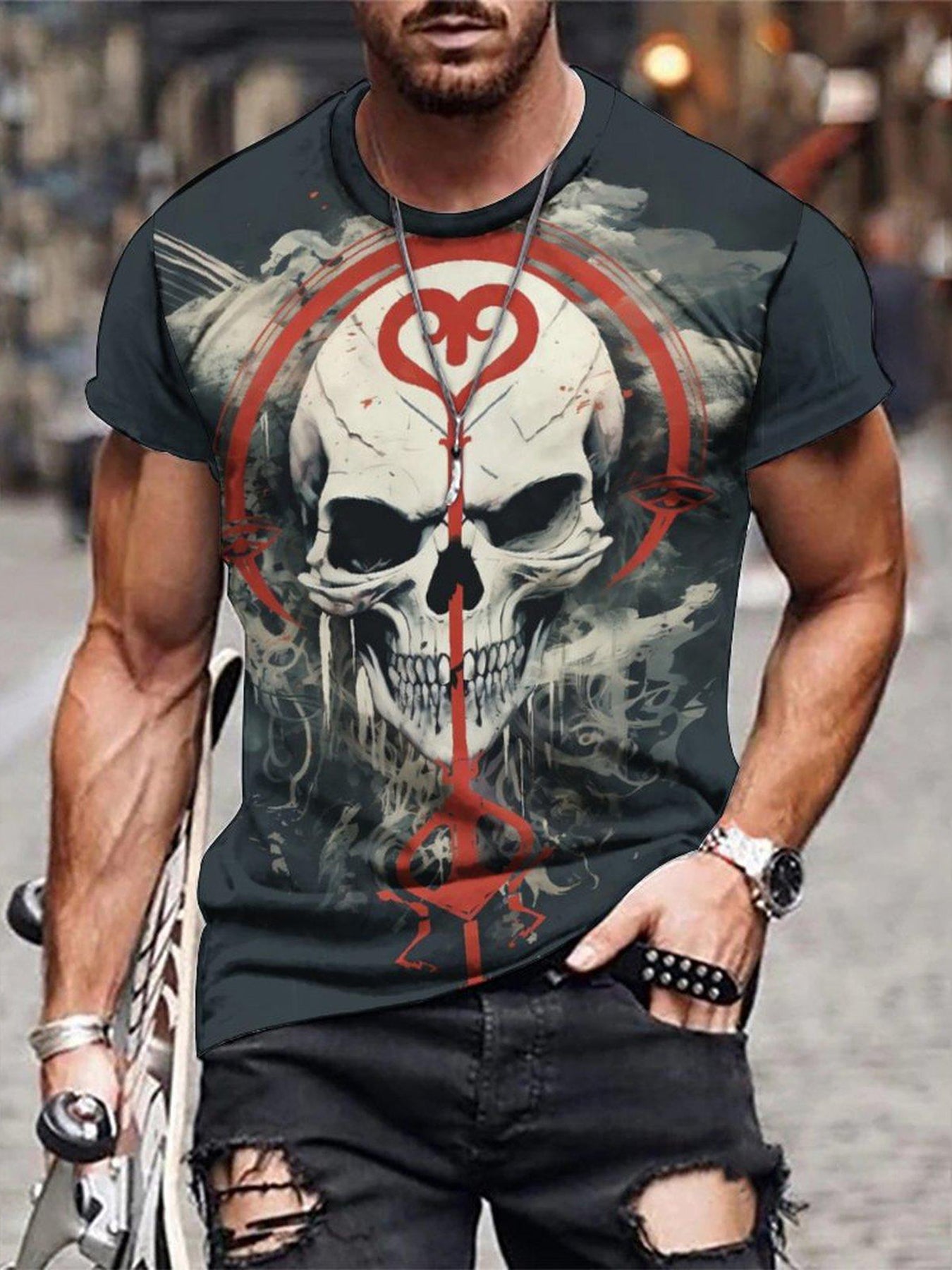 Men's Skull 3D Print Short Sleeve T Shirt for Summer