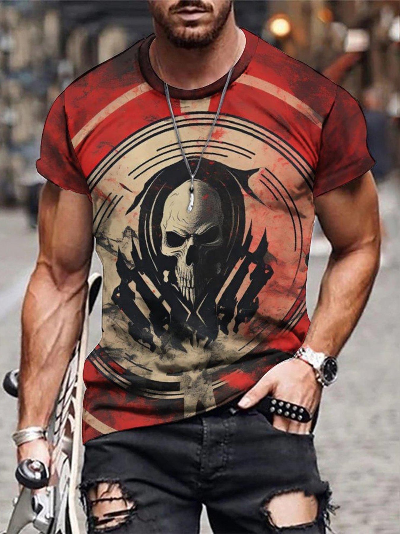 Men's Skull Print Short Sleeve T shirt Casual Top For Summer