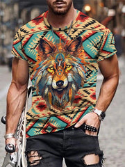 Men's Wolf 3D Print Ethnic Short Sleeve T-shirt for Summer