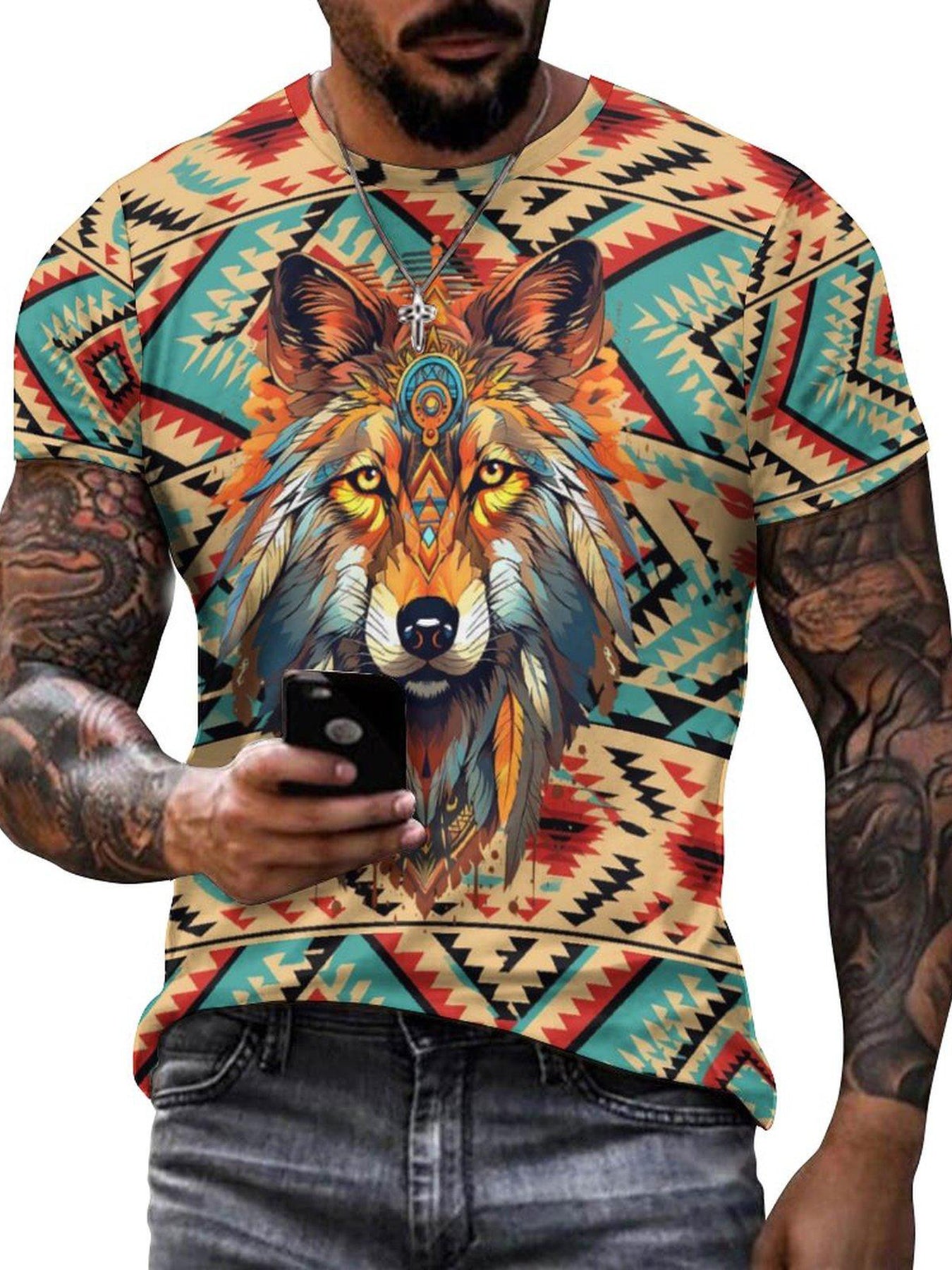Men's Wolf 3D Print Ethnic Short Sleeve T-shirt for Summer
