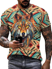 Men's Wolf 3D Print Ethnic Short Sleeve T-shirt for Summer