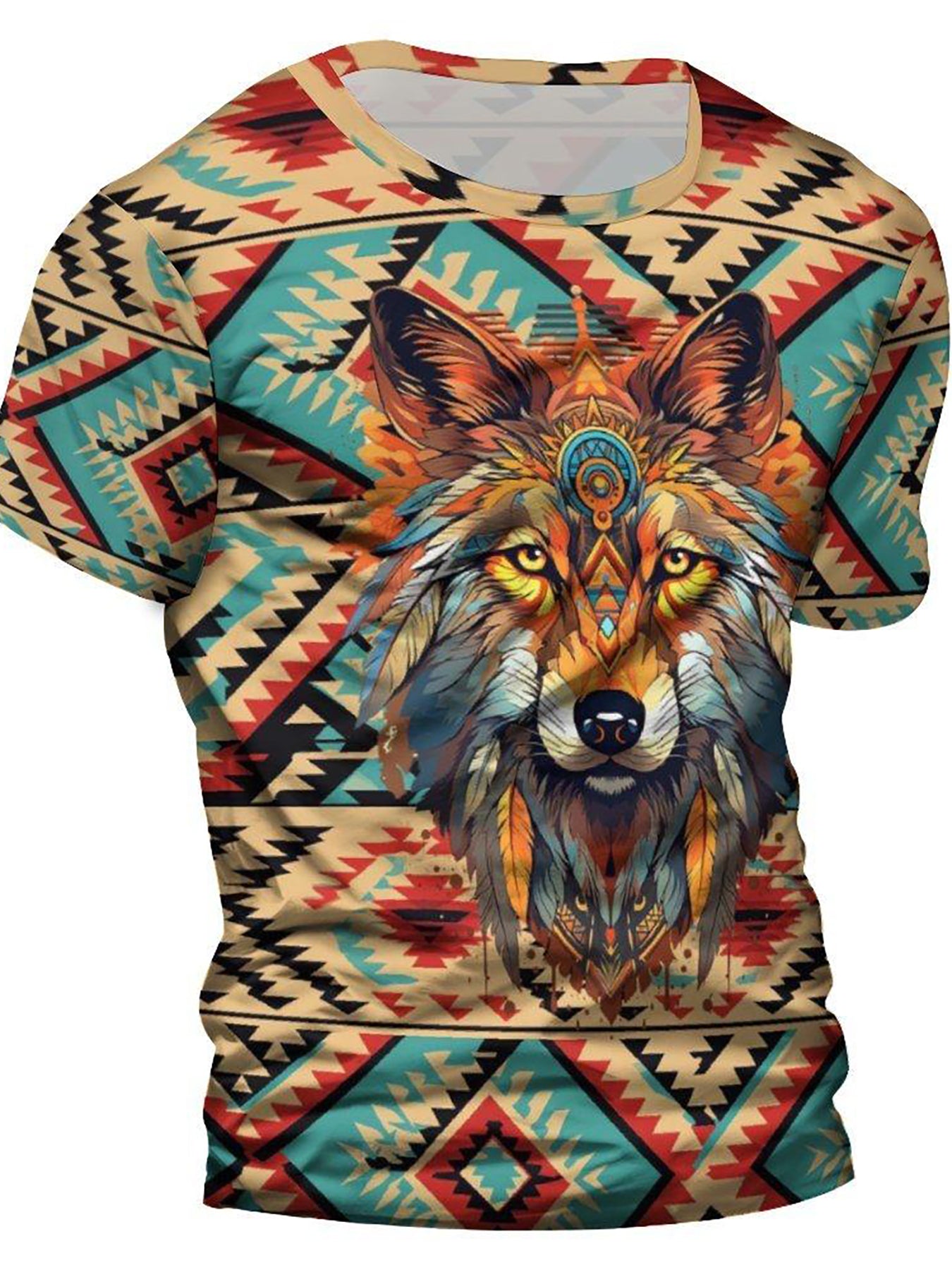 Men's Wolf 3D Print Ethnic Short Sleeve T-shirt for Summer